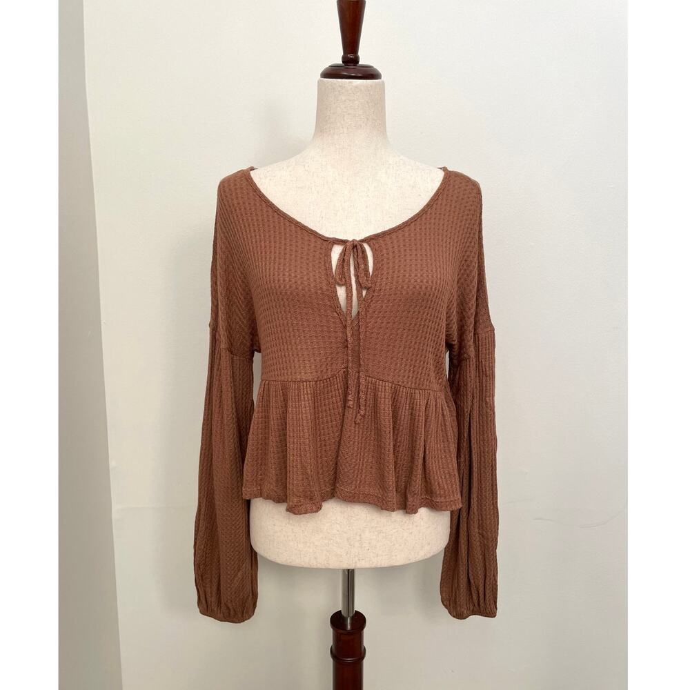 LUSH Waffle Knit Babydoll Peplum Top Womens S Brown Tan Long Sleeve Coquette